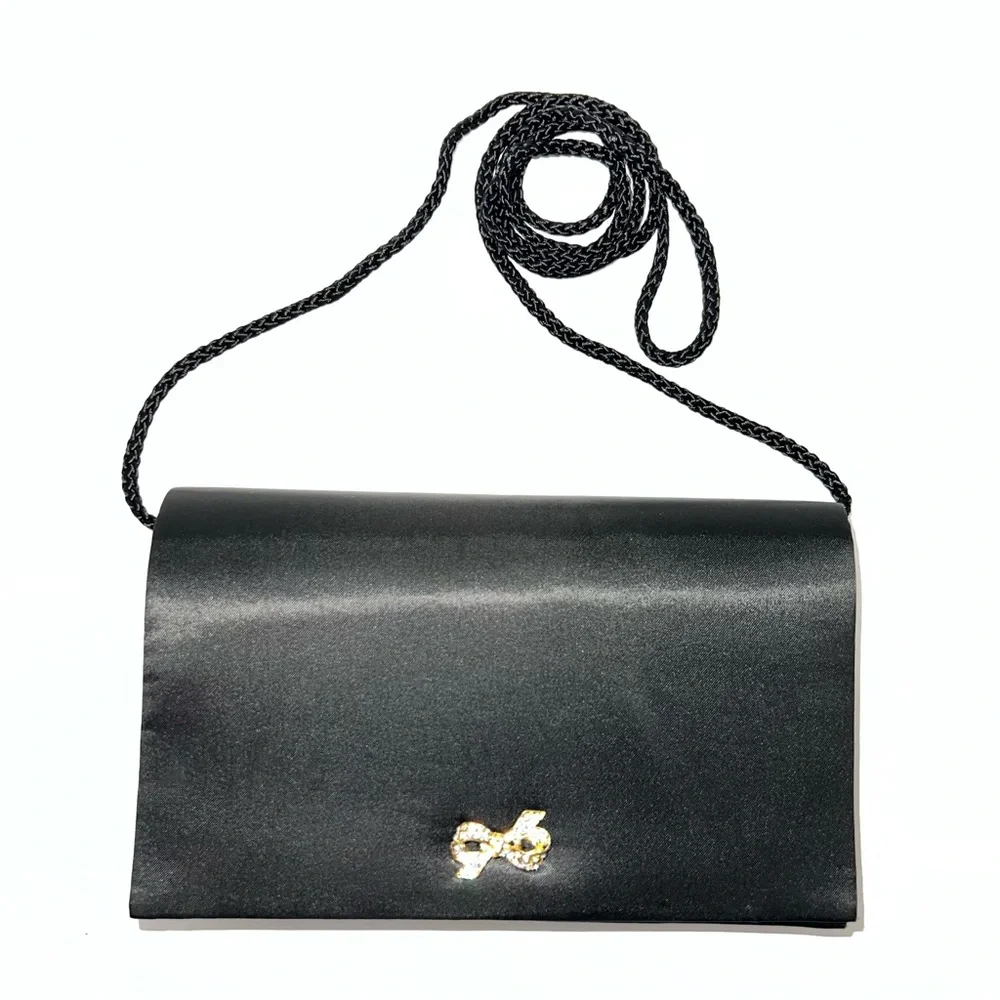 Accessory Lady Vintage Black Gold Ribbon Jeweled Bow Crossbody Clutch